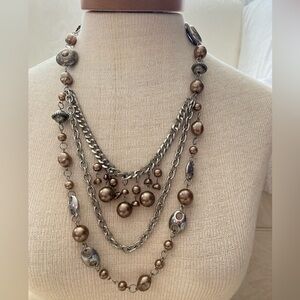 Paparazzi All The Trimmings Bronze brown silver layered ribbon closure necklace